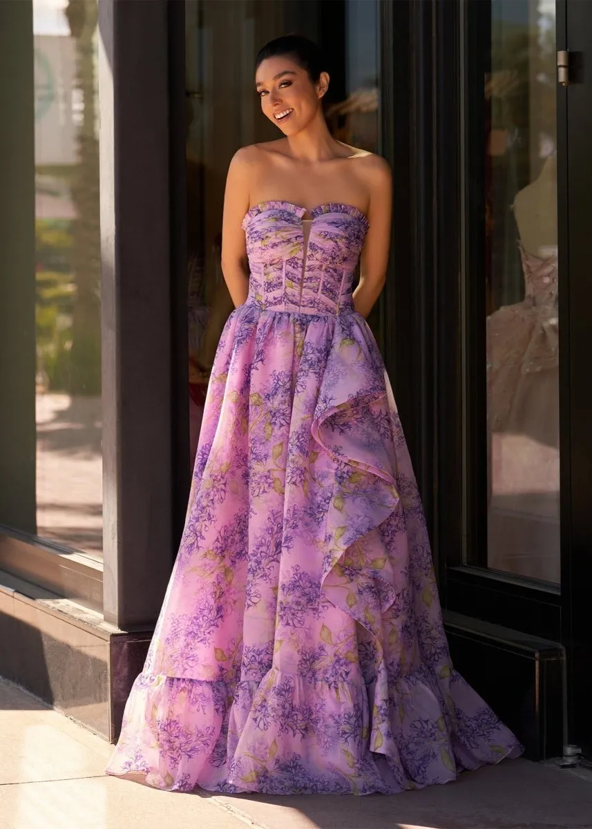 Lilac A-Line Corset Detachable Sweetheart Floral Long Prom Dress