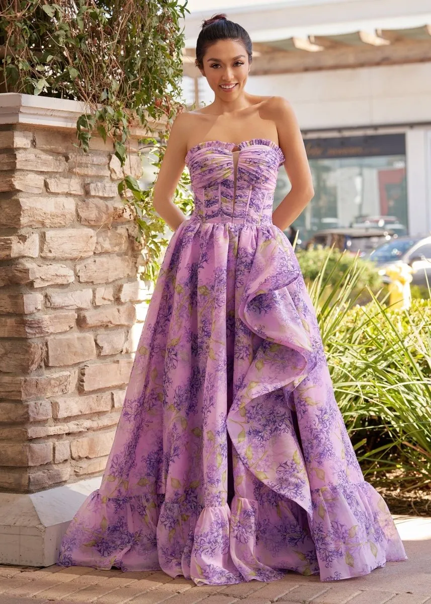 Lilac A-Line Corset Detachable Sweetheart Floral Long Prom Dress