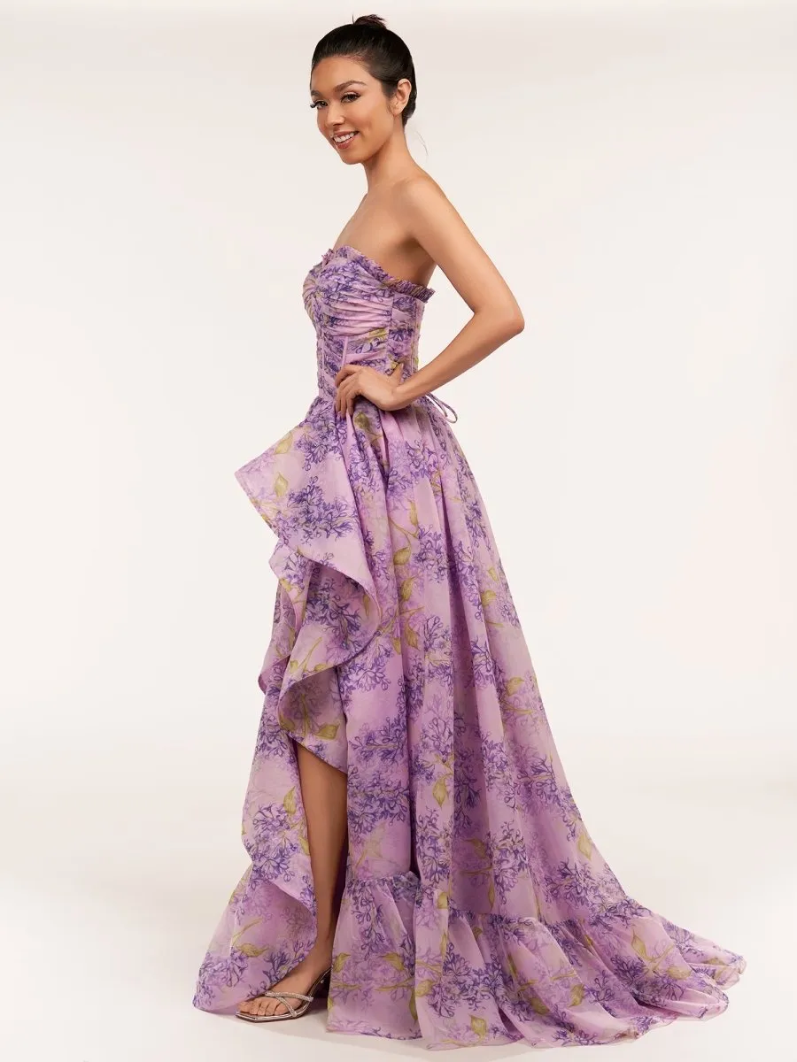 Lilac A-Line Corset Detachable Sweetheart Floral Long Prom Dress