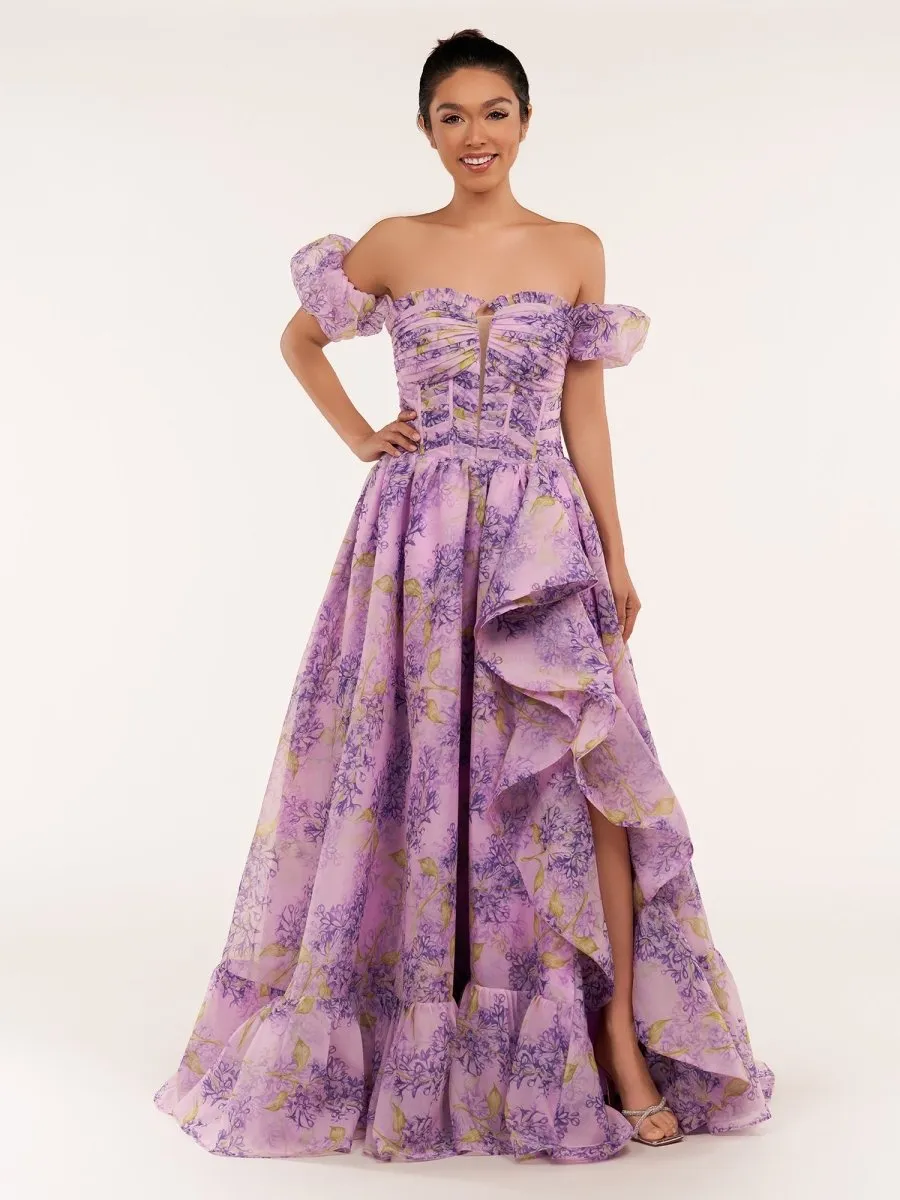Lilac A-Line Corset Detachable Sweetheart Floral Long Prom Dress