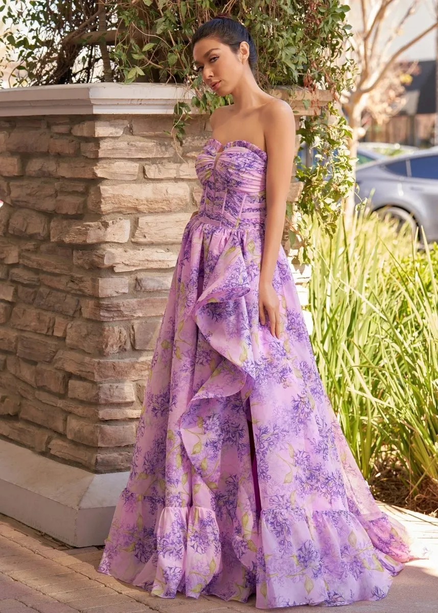 Lilac A-Line Corset Detachable Sweetheart Floral Long Prom Dress