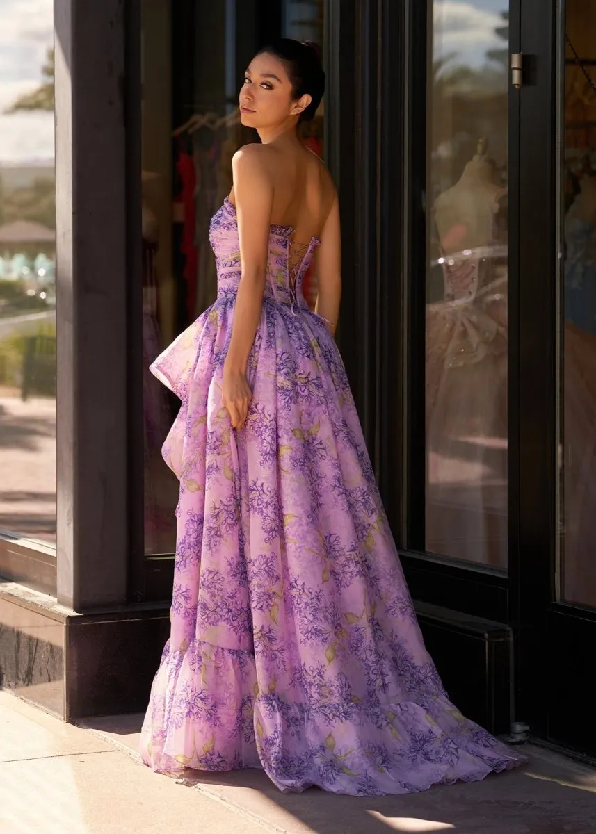 Lilac A-Line Corset Detachable Sweetheart Floral Long Prom Dress