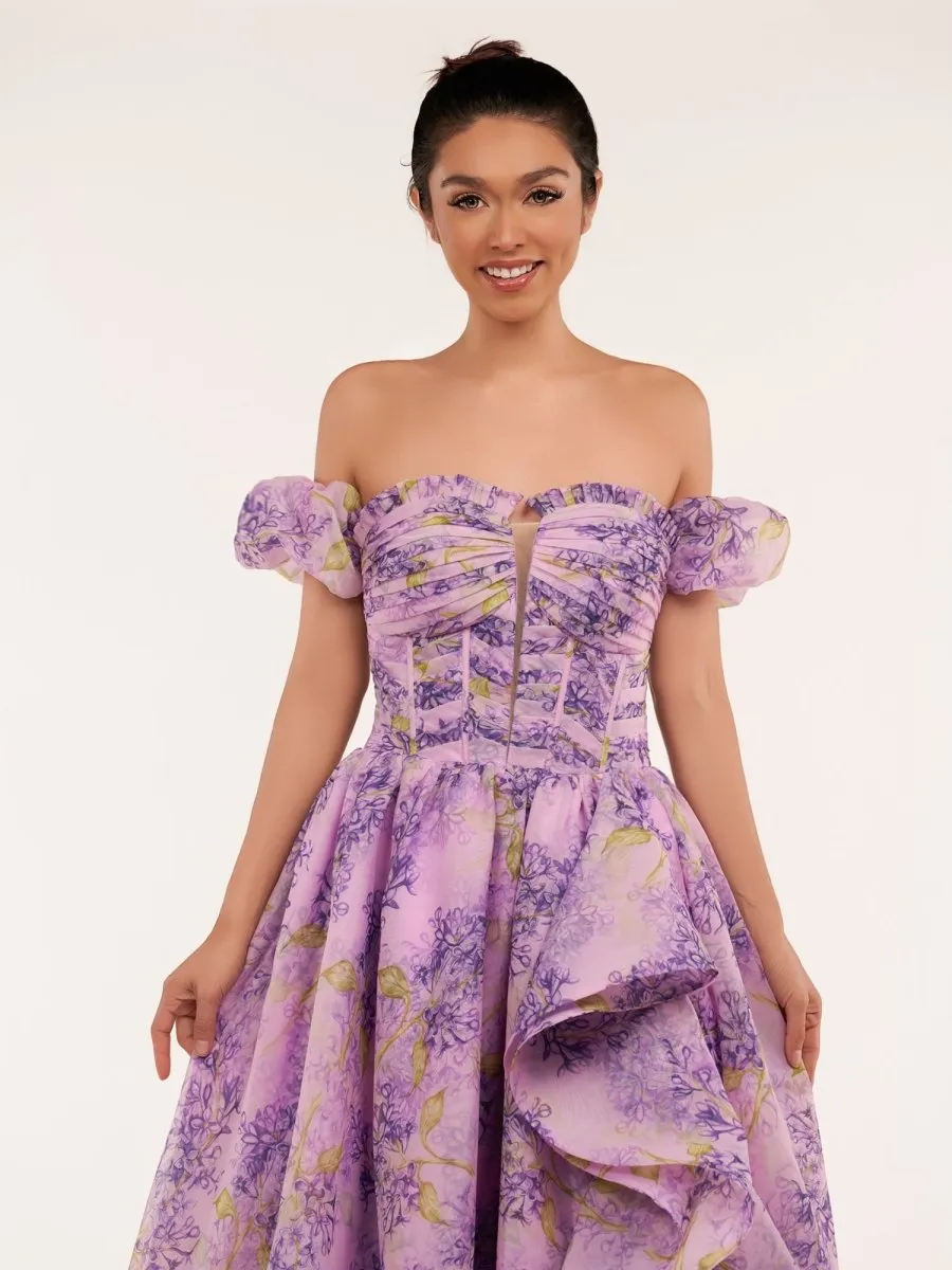 Lilac A-Line Corset Detachable Sweetheart Floral Long Prom Dress
