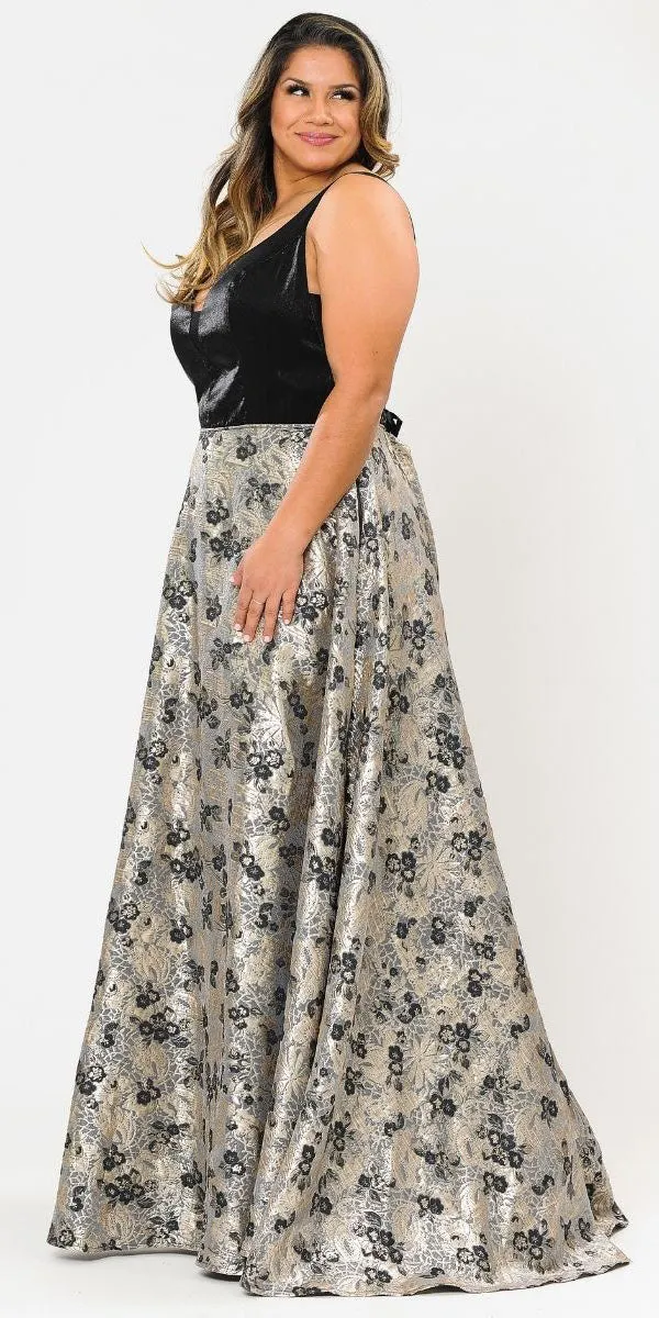 Lindas W1012 Floor Length Plus Size Ball Gown Black Satin Top Print A-Line Skirt