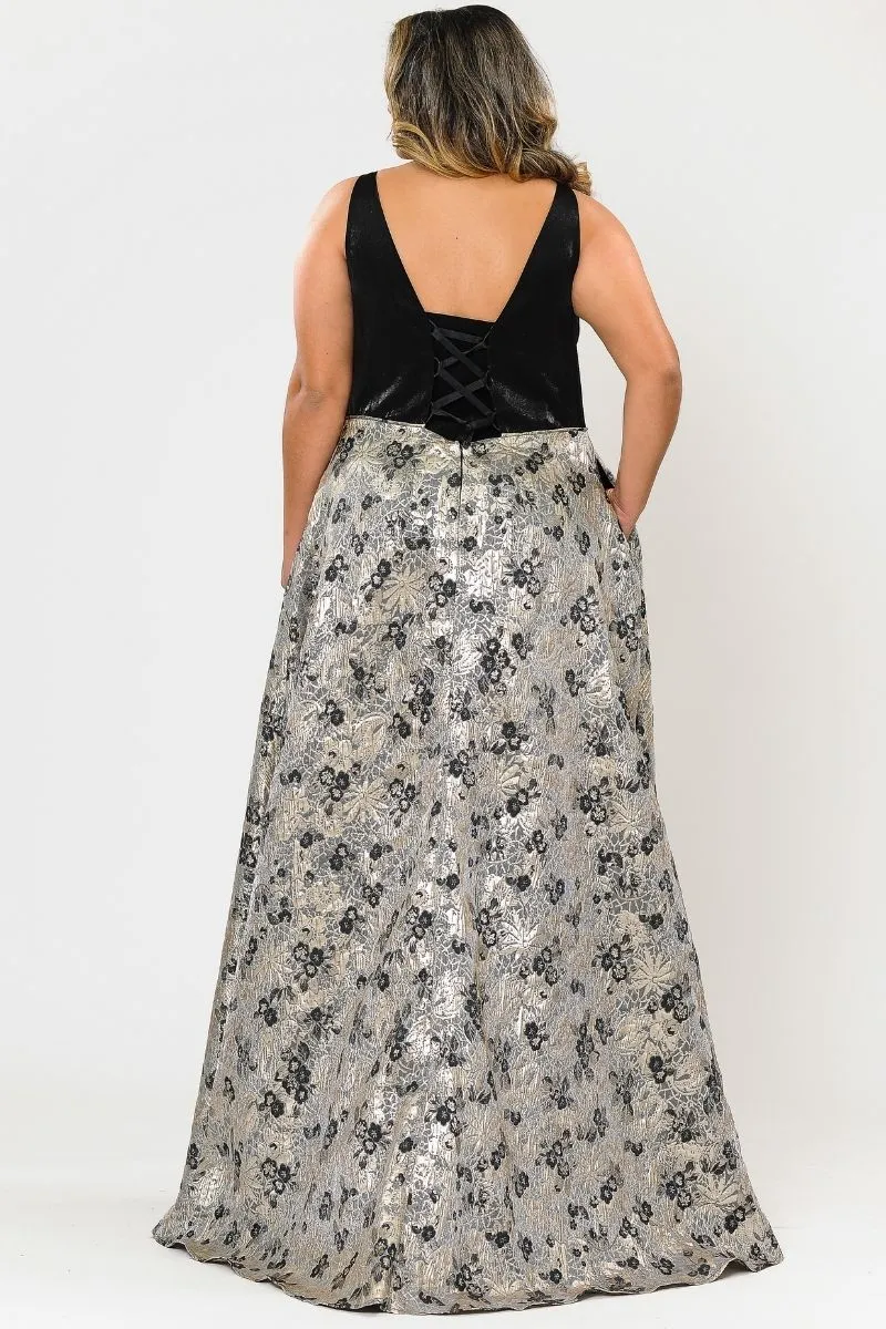 Lindas W1012 Floor Length Plus Size Ball Gown Black Satin Top Print A-Line Skirt