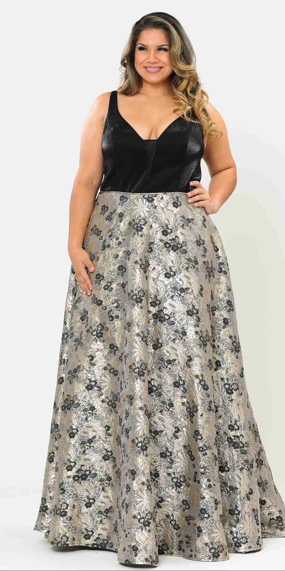 Lindas W1012 Floor Length Plus Size Ball Gown Black Satin Top Print A-Line Skirt