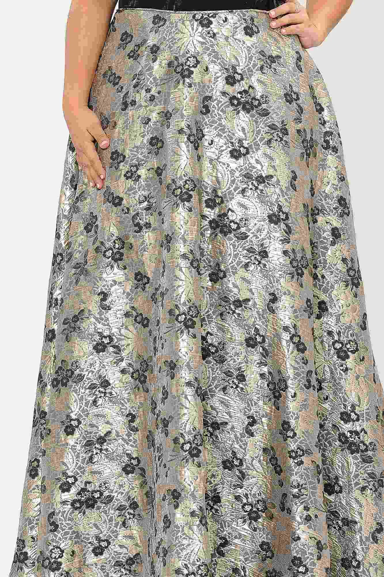 Lindas W1012 Floor Length Plus Size Ball Gown Black Satin Top Print A-Line Skirt