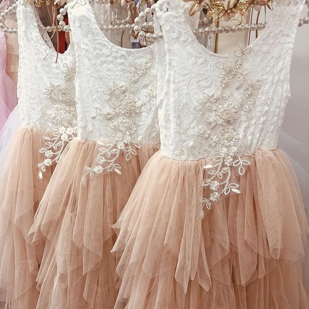 Long Boho Dreams Dress - Apricot Champagne Applique - SALE