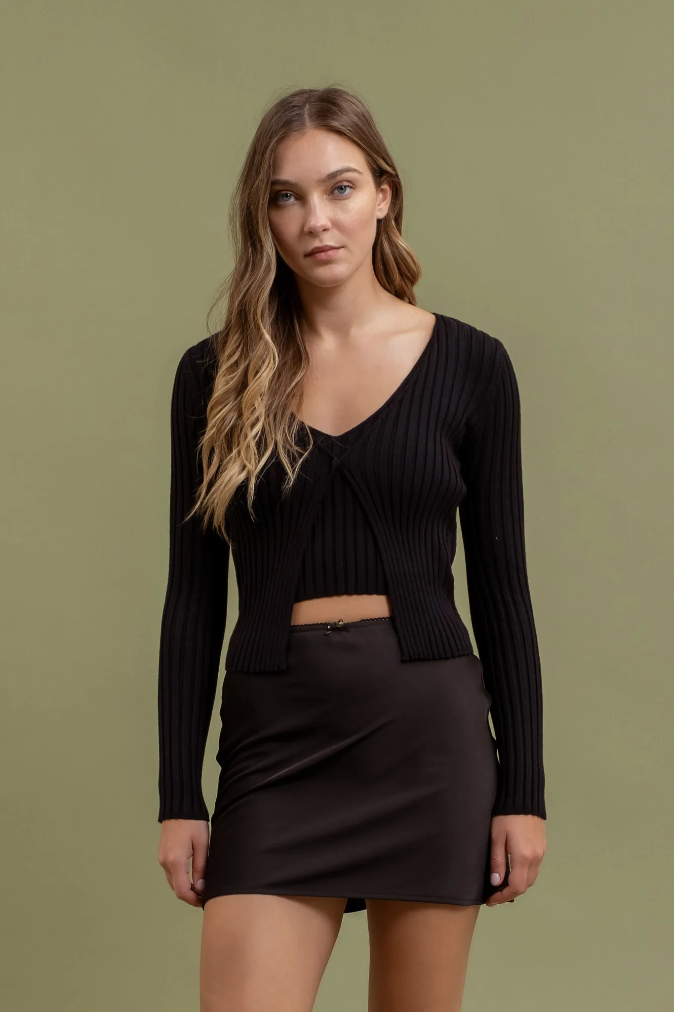 LONG SLEEVE TWOFER RIBBED SWEATER