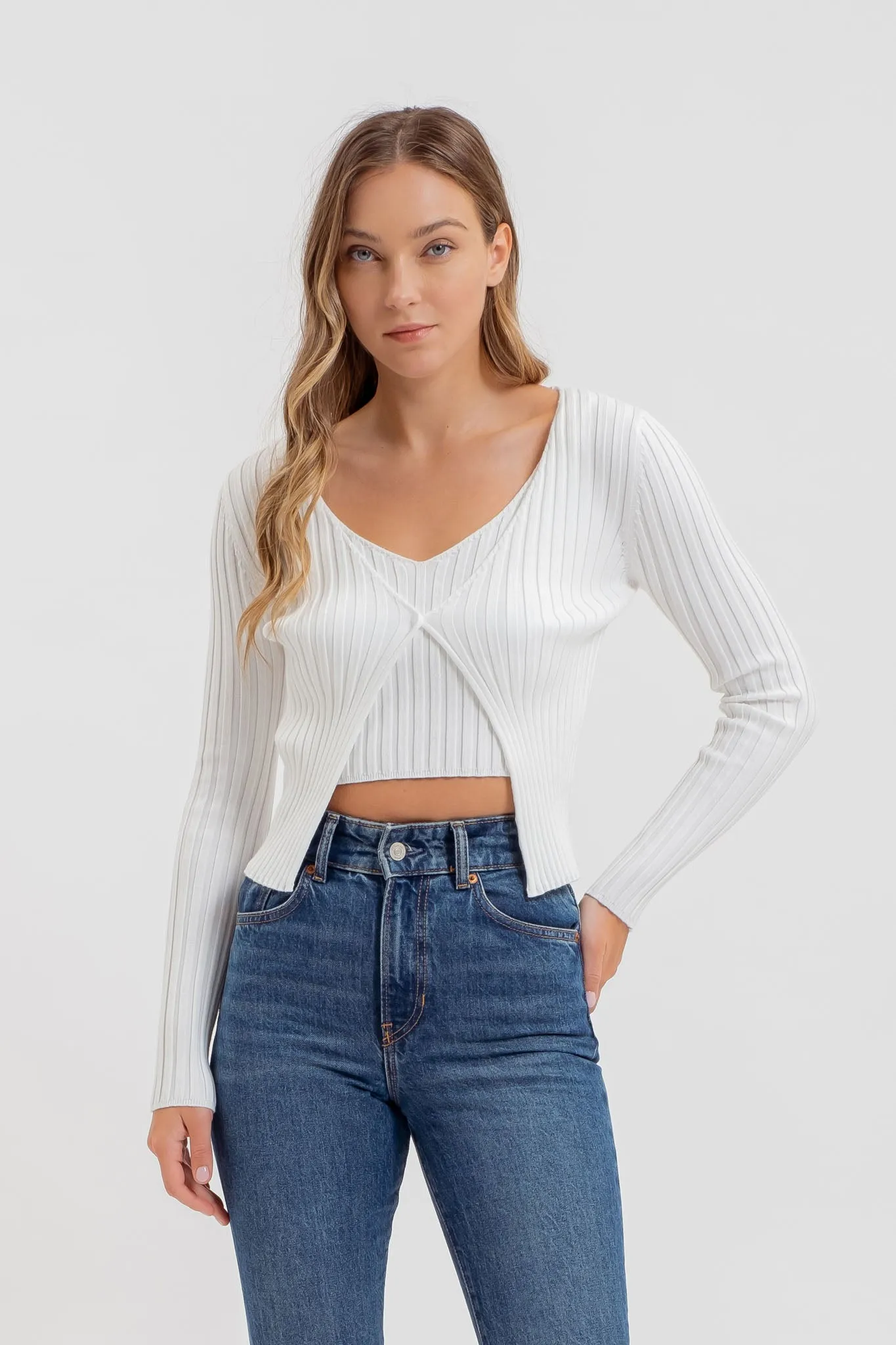 LONG SLEEVE TWOFER RIBBED SWEATER
