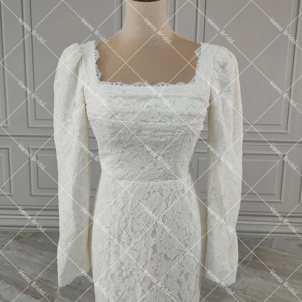 Long Sleeves Square Neck Allover Lace Romance Wedding Bride Gown Backless Column Vintage Fit Maxi Customized Bridal Dress