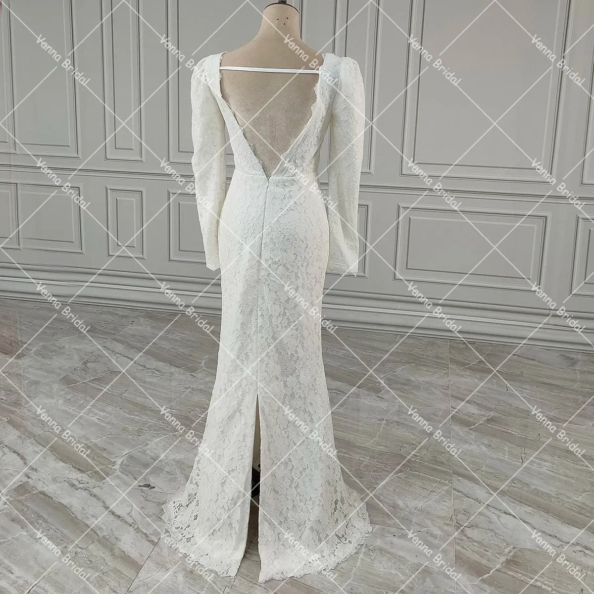 Long Sleeves Square Neck Allover Lace Romance Wedding Bride Gown Backless Column Vintage Fit Maxi Customized Bridal Dress