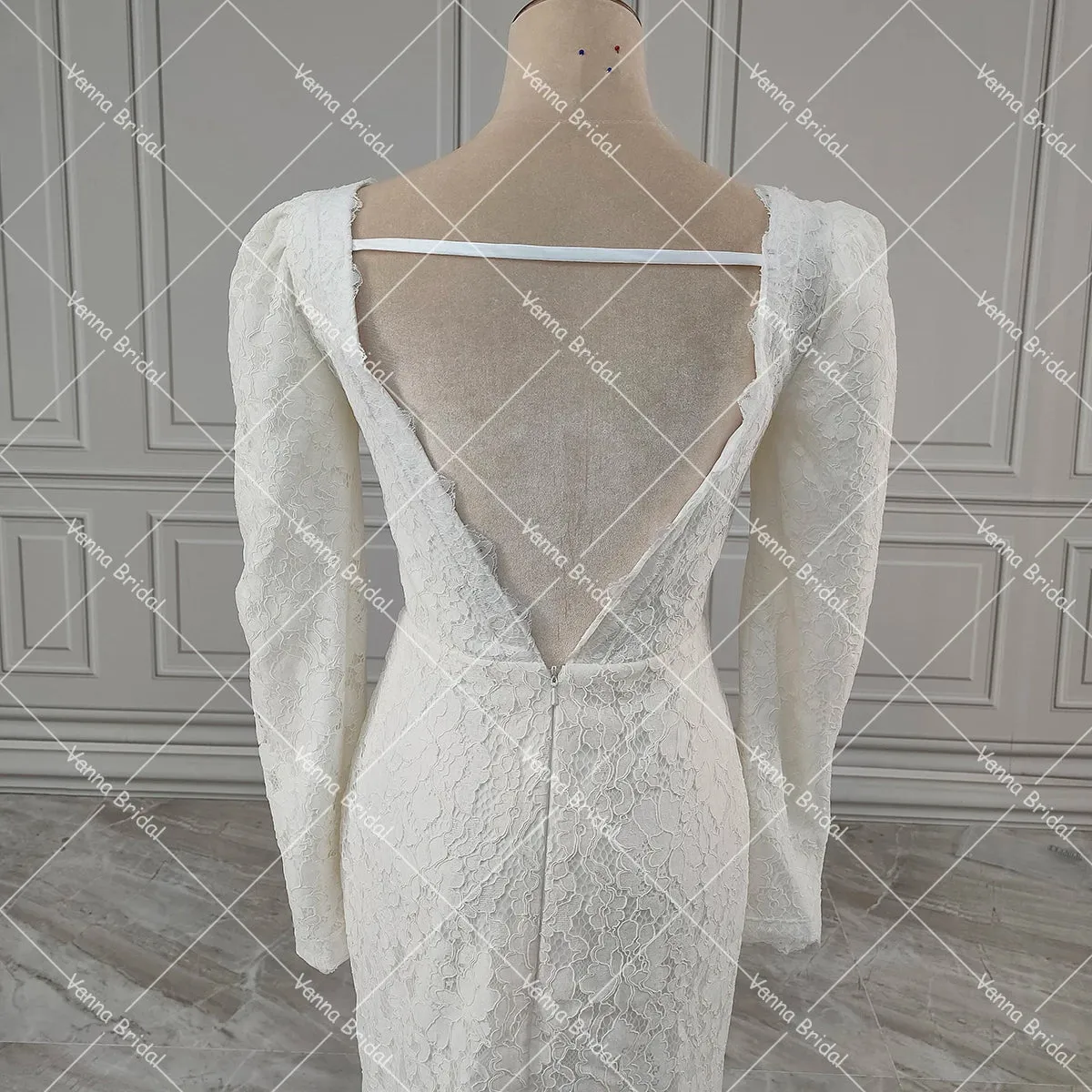 Long Sleeves Square Neck Allover Lace Romance Wedding Bride Gown Backless Column Vintage Fit Maxi Customized Bridal Dress
