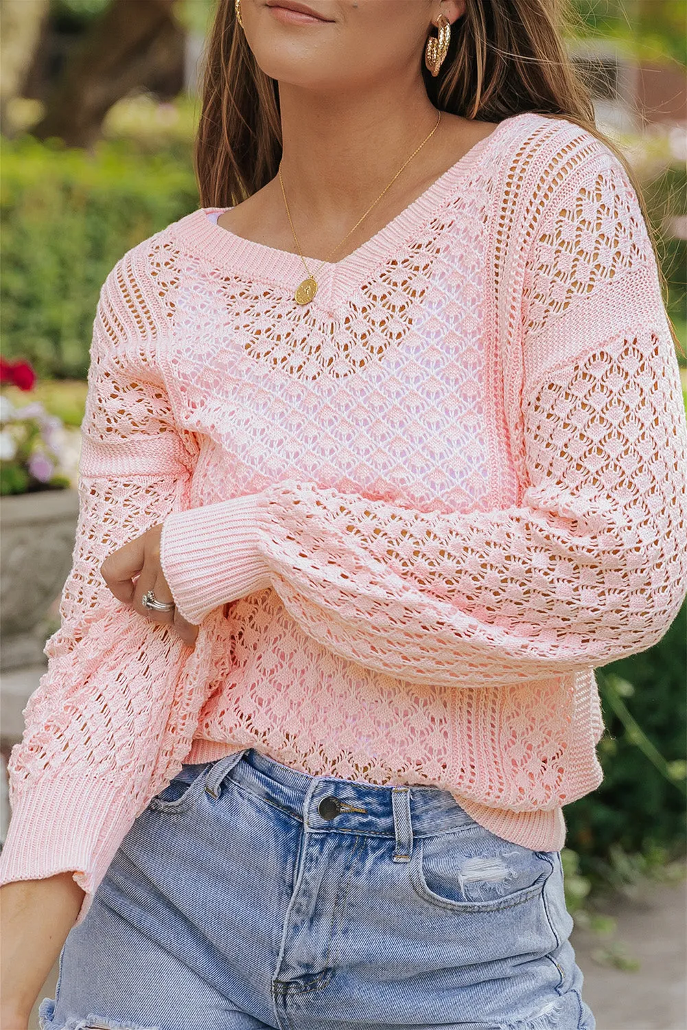 Loose Knit Ribbed V Neck Sweater