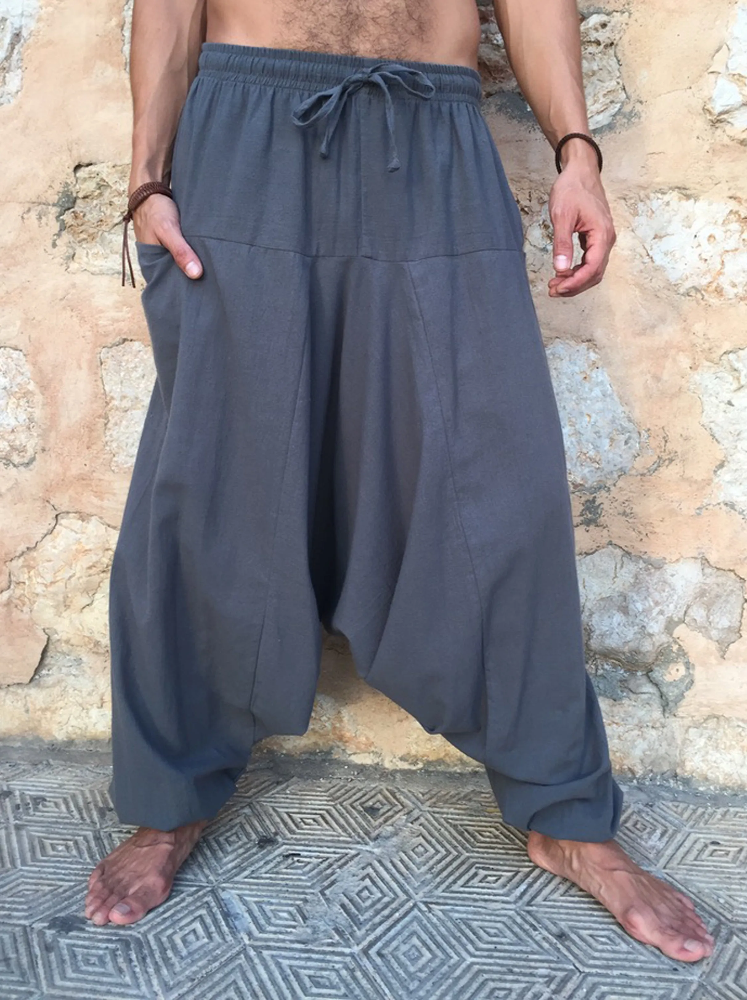 Low Crotch Cotton Pants with Pockets Grey