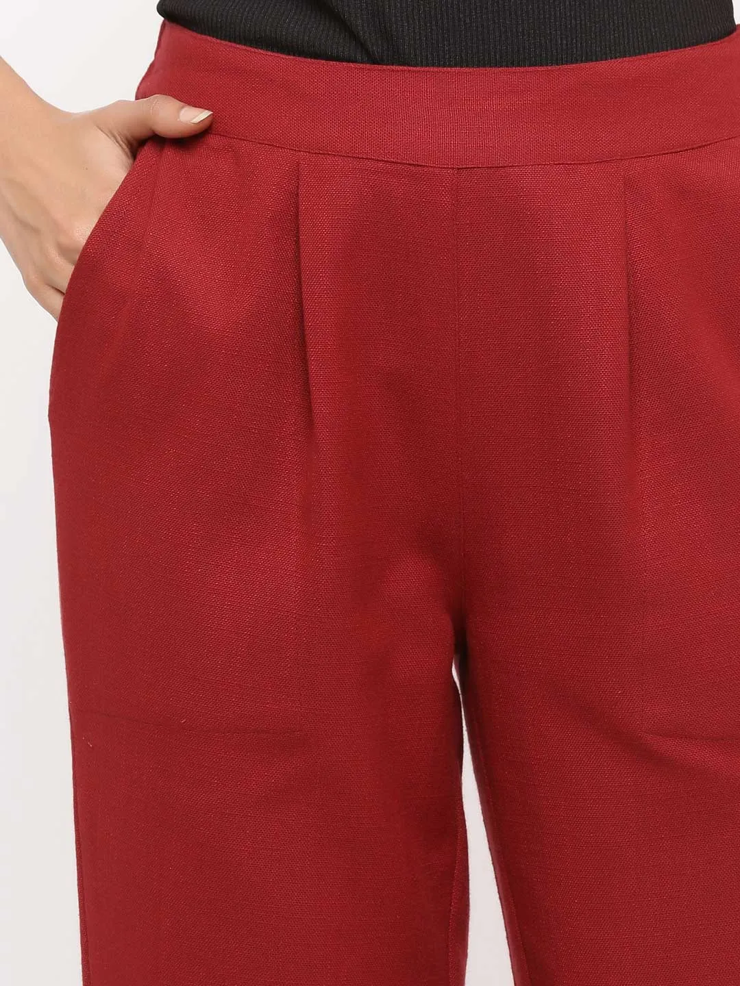 Maroon Solid Cotton Slub Pants