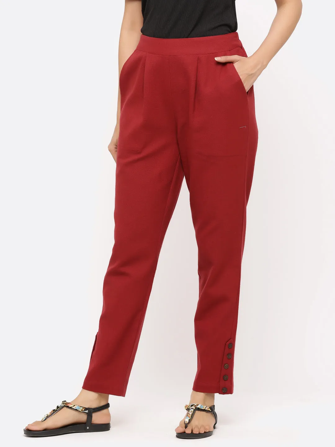 Maroon Solid Cotton Slub Pants