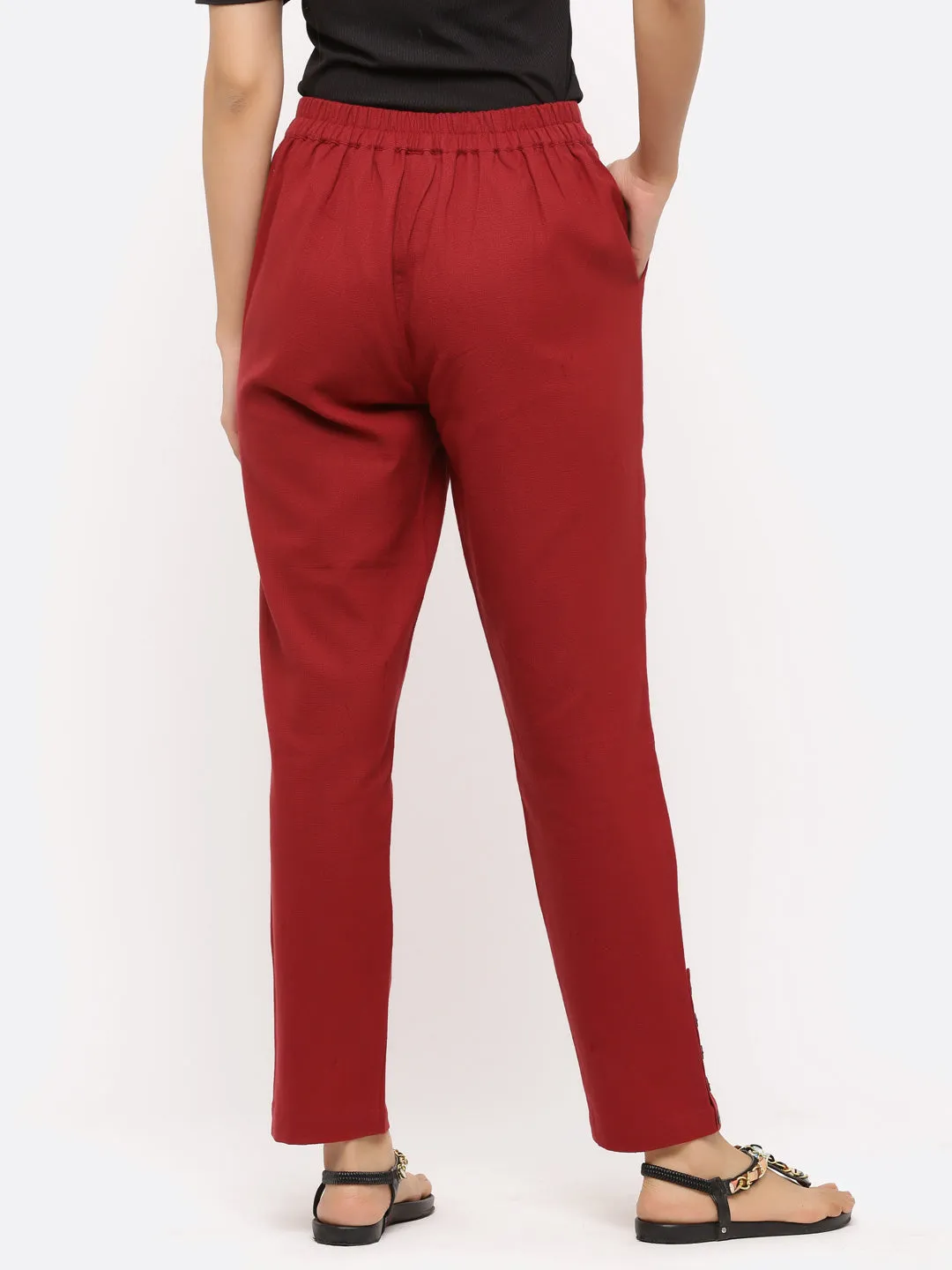 Maroon Solid Cotton Slub Pants