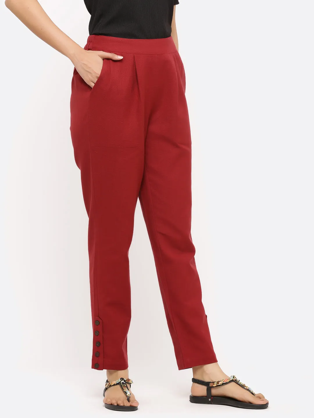 Maroon Solid Cotton Slub Pants