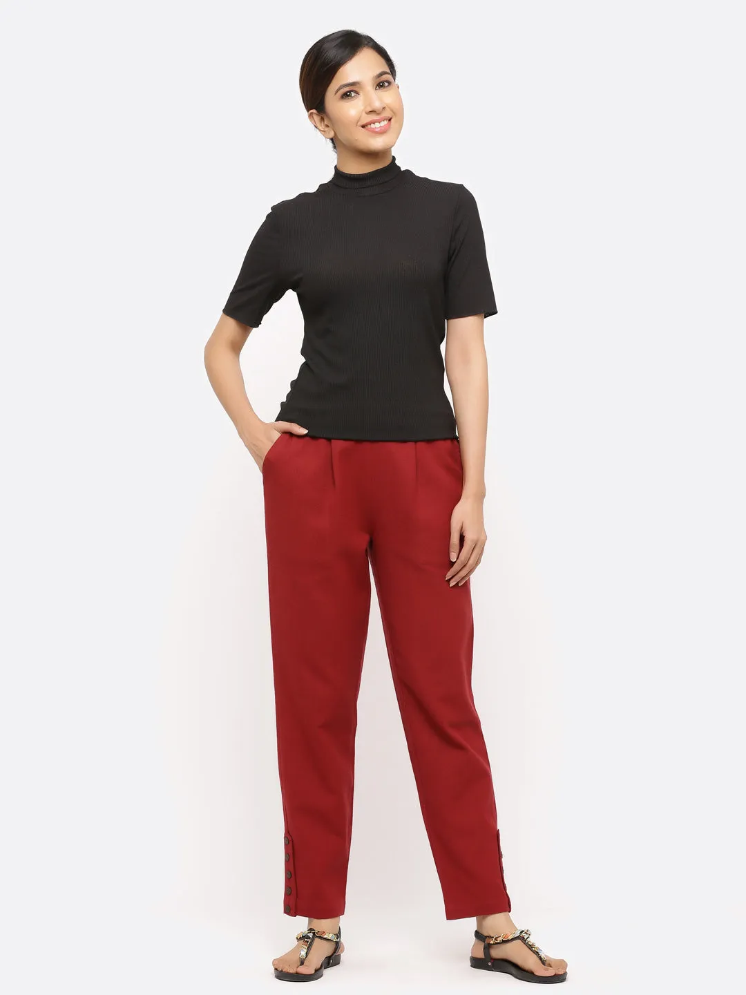 Maroon Solid Cotton Slub Pants