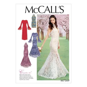 McCall's Pattern M7569 Misses' Column and Mermaid-Style Dresses with bodice and Sleeve Variations
