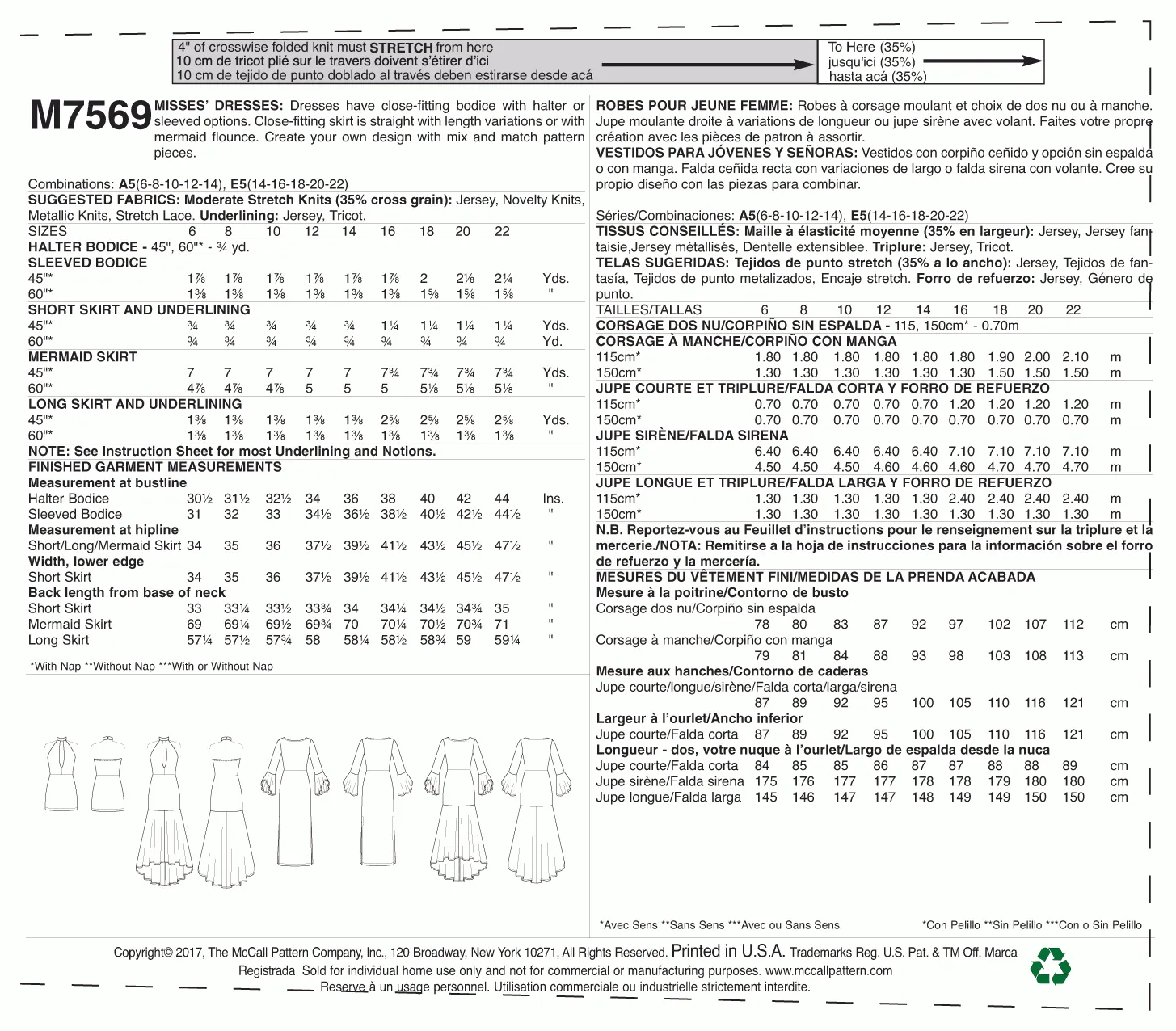McCall's Pattern M7569 Misses' Column and Mermaid-Style Dresses with bodice and Sleeve Variations