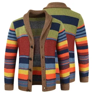Men's Autumn Winter Cardigans Rainbow Stripe Pattern Coat