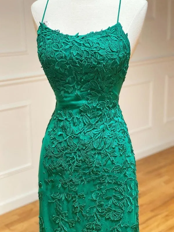 Mermaid Backless Green Lace Long Prom, Mermaid Green Formal, Green Lace Evening