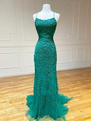 Mermaid Backless Green Lace Long Prom, Mermaid Green Formal, Green Lace Evening