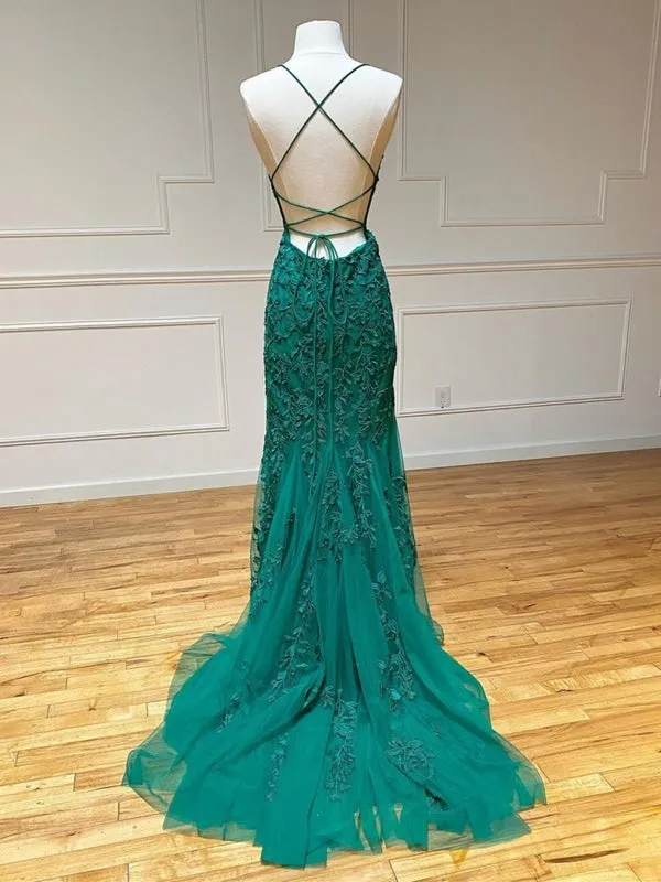 Mermaid Backless Green Lace Long Prom, Mermaid Green Formal, Green Lace Evening