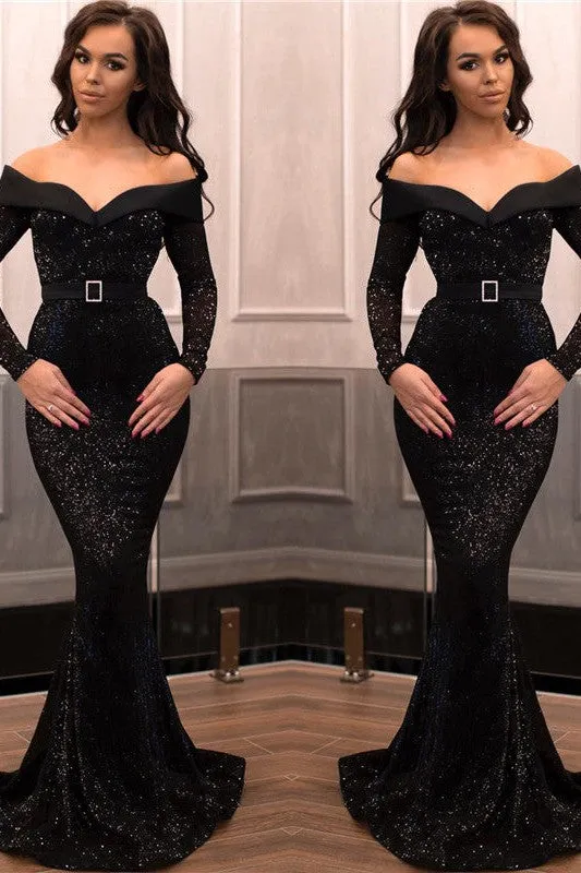 Mermaid Sweetheart Portrait Long Sleeves Floor Length Court Paillette Evening Dress