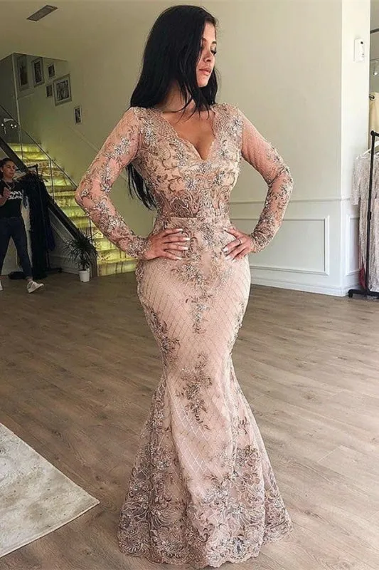 Mermaid V-neck Long Sleeves Prom Dresses with Detachable Skirt Lace Appliques Party Dress