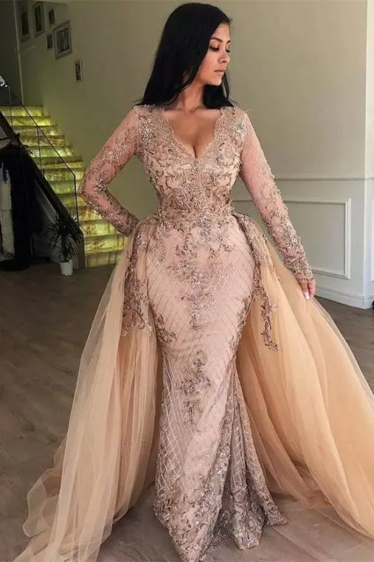 Mermaid V-neck Long Sleeves Prom Dresses with Detachable Skirt Lace Appliques Party Dress