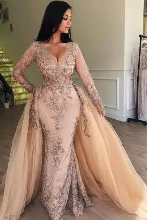 Mermaid V-neck Long Sleeves Prom Dresses with Detachable Skirt Lace Appliques Party Dress
