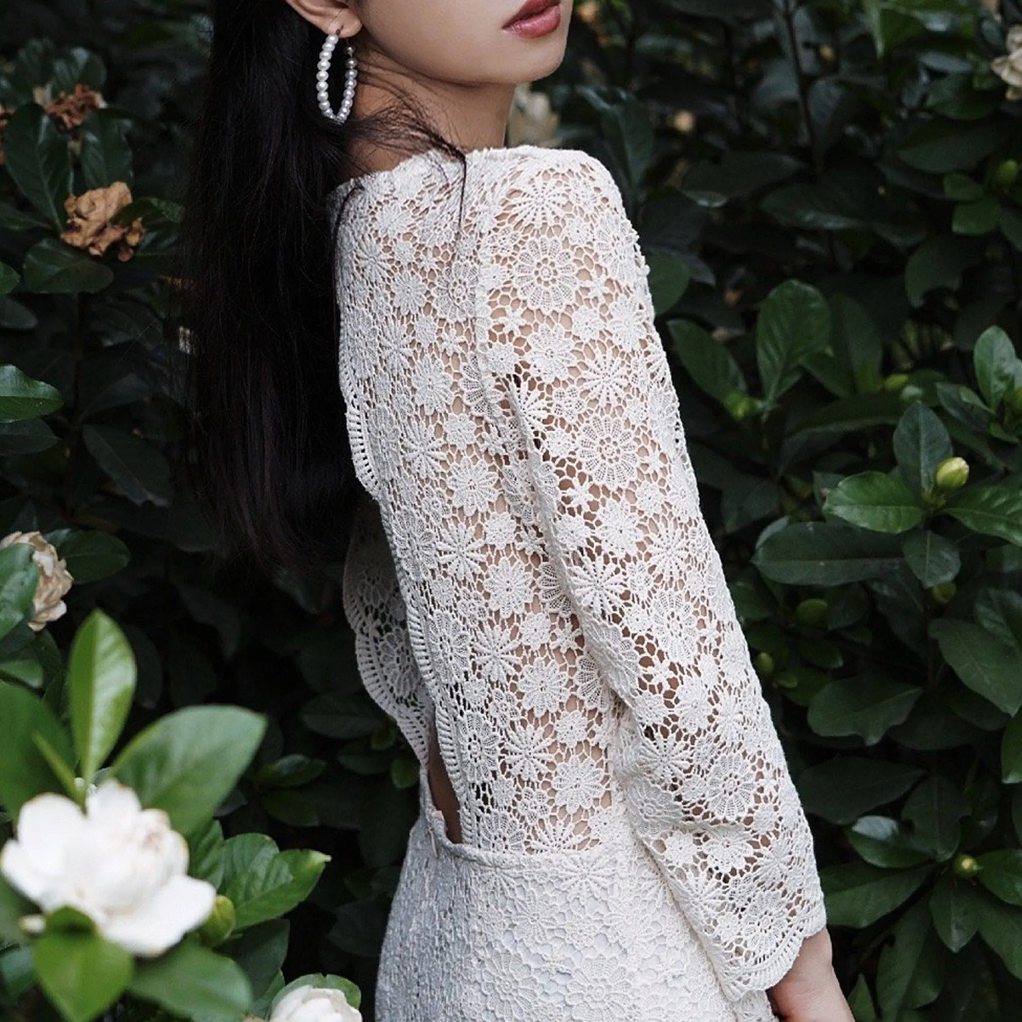 Mid Calf Tea Length Lace Wedding Dress with 3/4 Sleeves Keyhole Back
