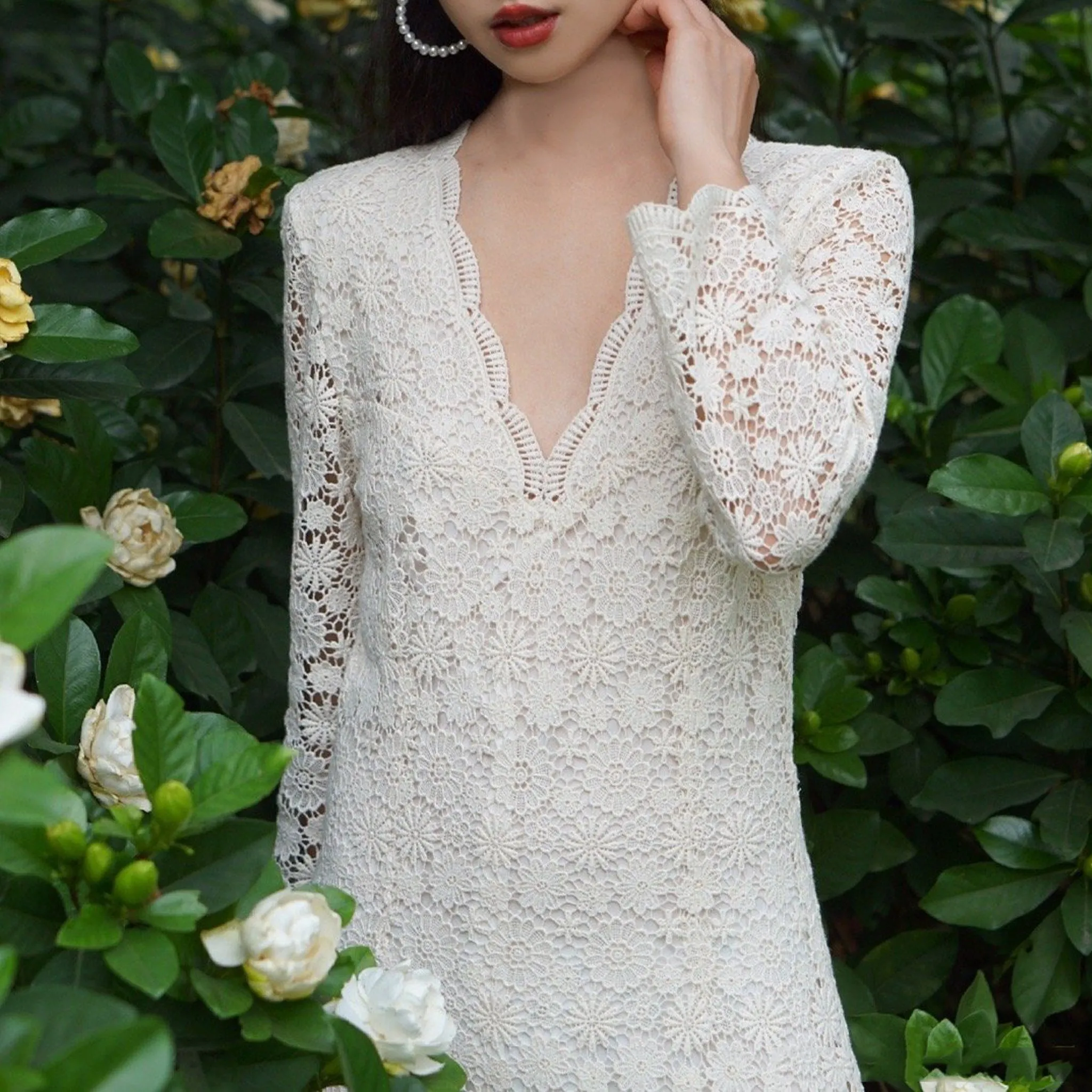 Mid Calf Tea Length Lace Wedding Dress with 3/4 Sleeves Keyhole Back