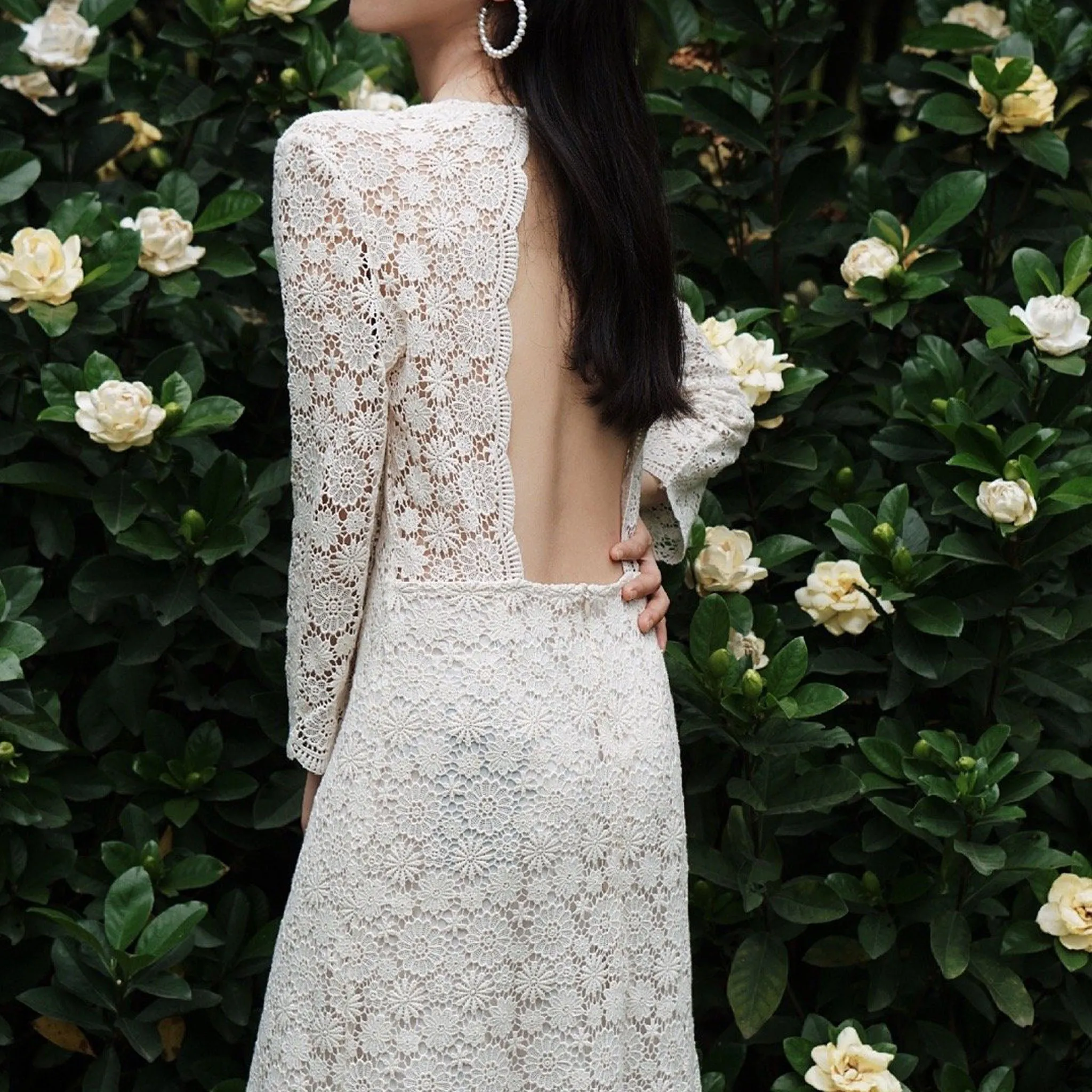 Mid Calf Tea Length Lace Wedding Dress with 3/4 Sleeves Keyhole Back