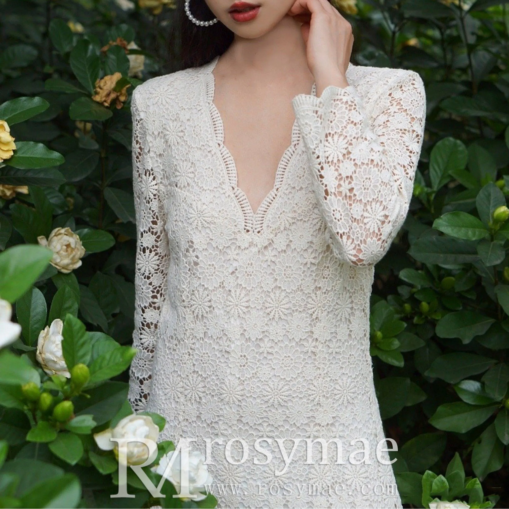 Mid Calf Tea Length Lace Wedding Dress with 3/4 Sleeves Keyhole Back