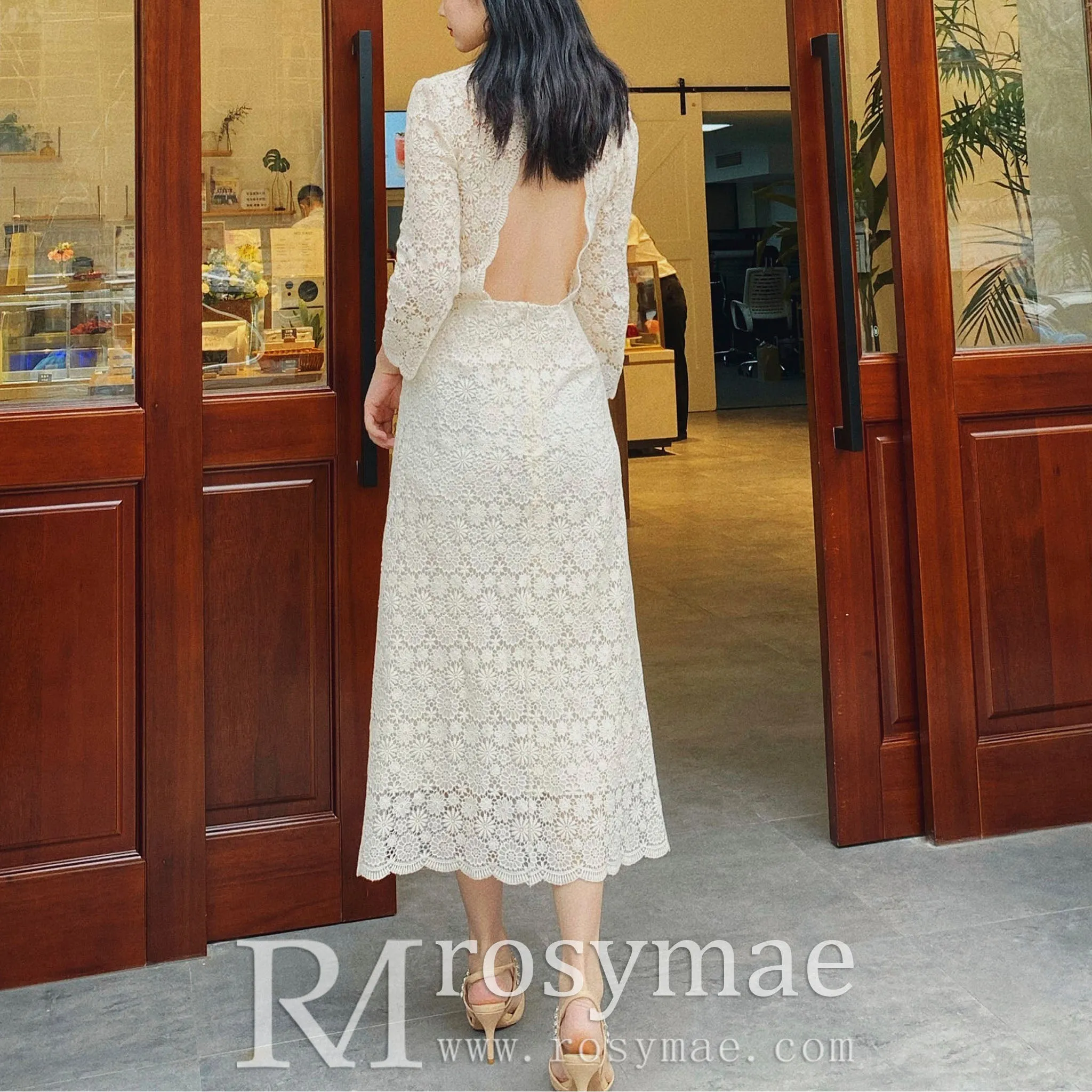 Mid Calf Tea Length Lace Wedding Dress with 3/4 Sleeves Keyhole Back