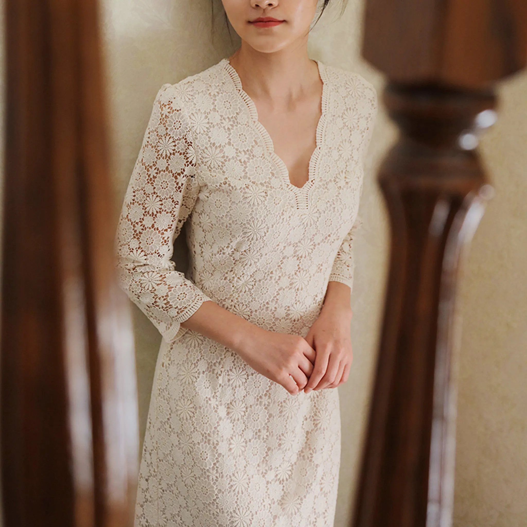 Mid Calf Tea Length Lace Wedding Dress with 3/4 Sleeves Keyhole Back