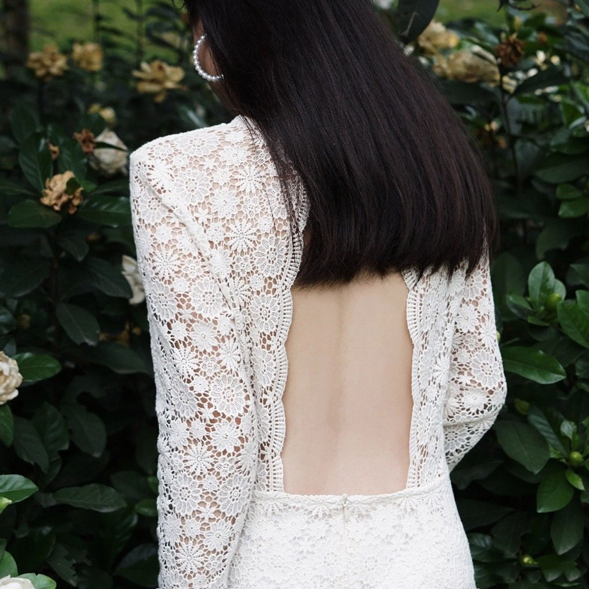 Mid Calf Tea Length Lace Wedding Dress with 3/4 Sleeves Keyhole Back