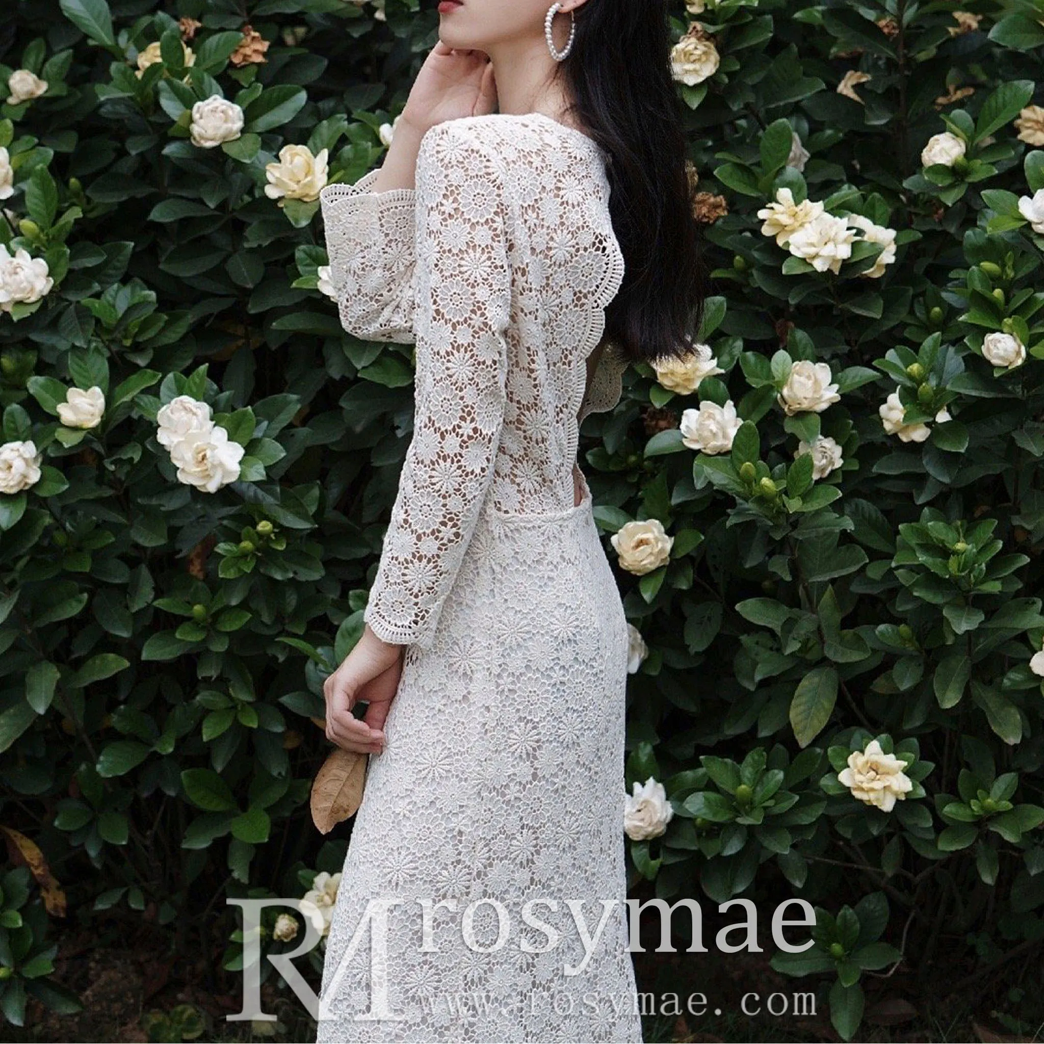 Mid Calf Tea Length Lace Wedding Dress with 3/4 Sleeves Keyhole Back