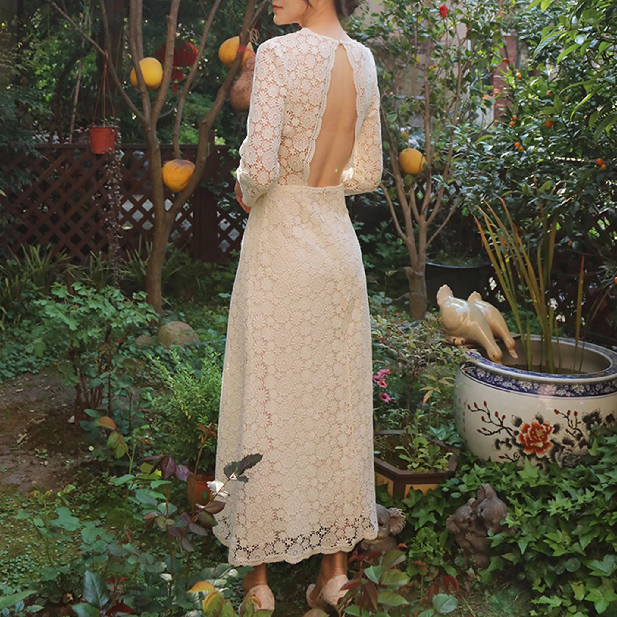 Mid Calf Tea Length Lace Wedding Dress with 3/4 Sleeves Keyhole Back