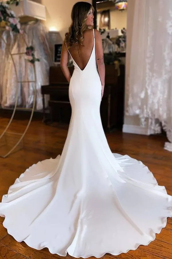 Modest Satin Mermaid Deep V-neck Wedding Dresses With Court Train, MW877