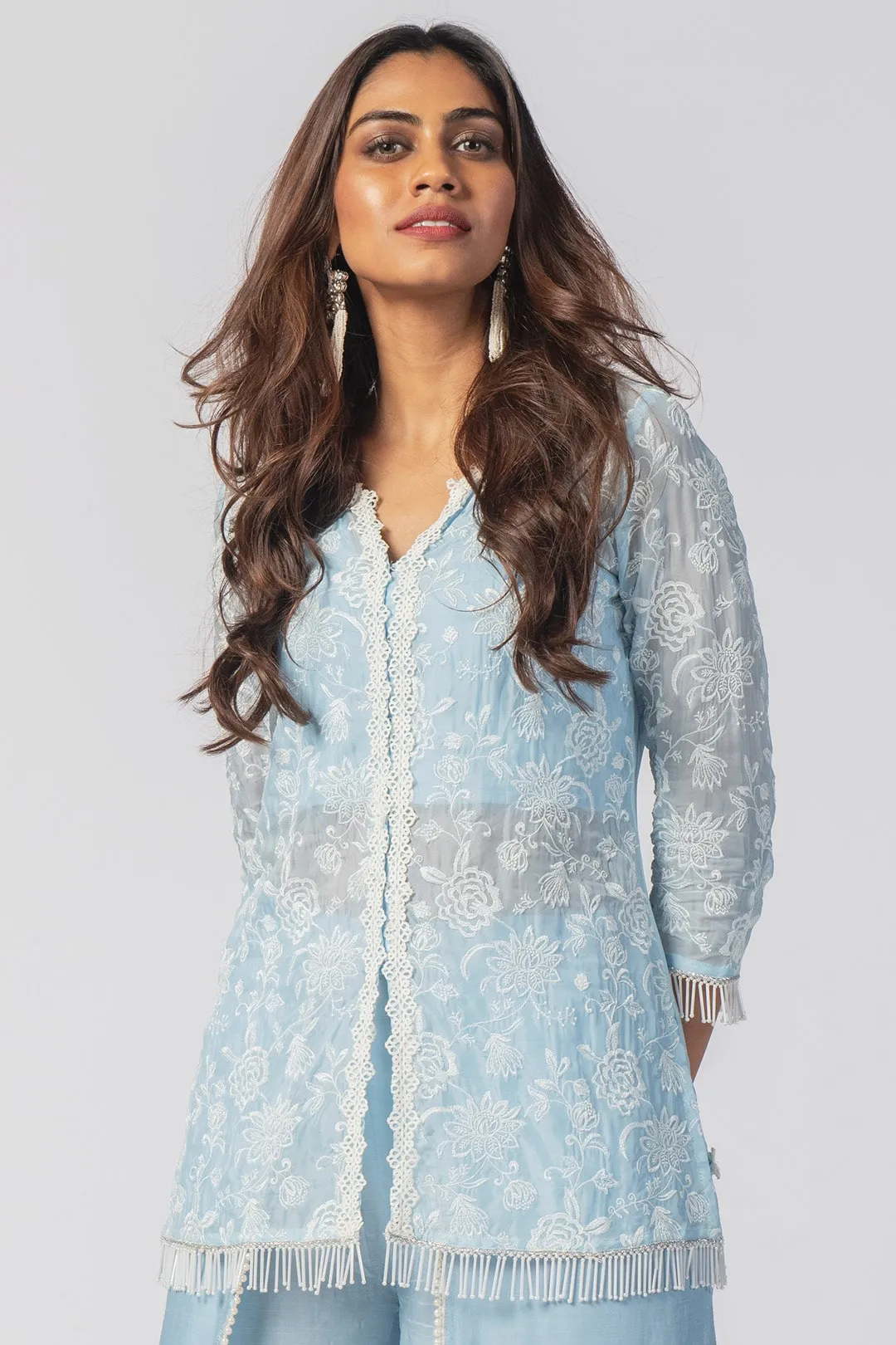 Mulmul Tencel Luxe Organza Claire Blue Kurta With Cupro Claire Dhoti Blue Pant