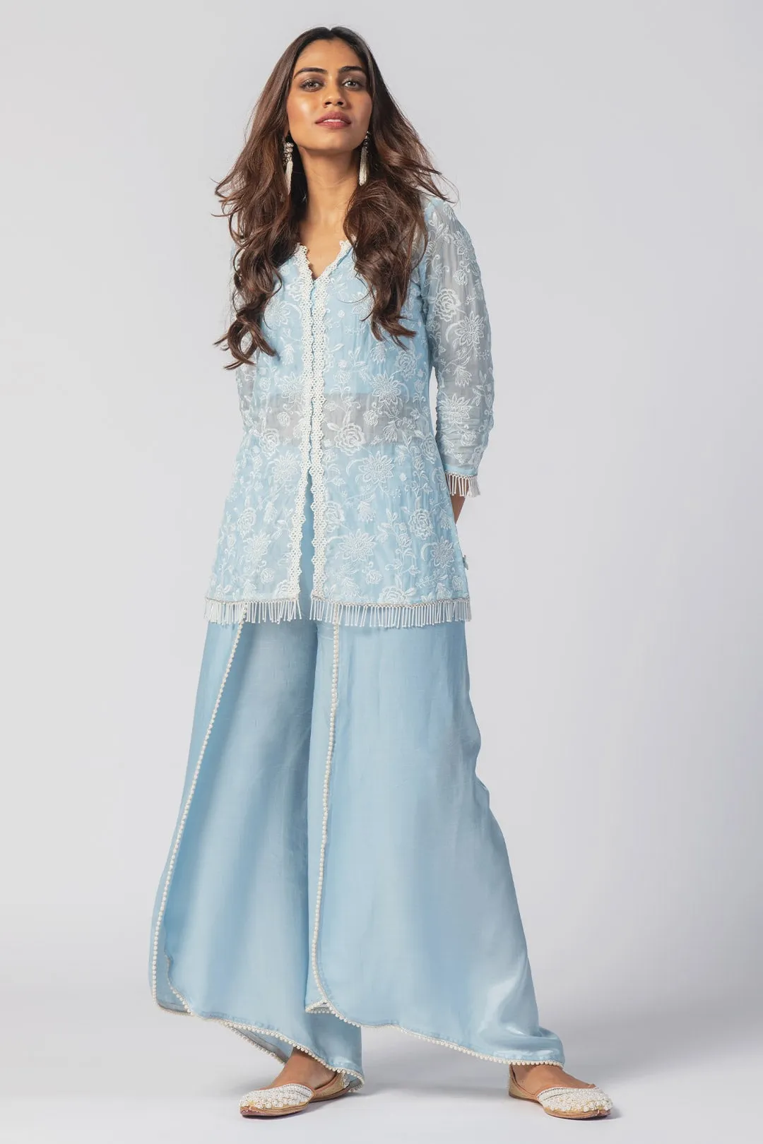 Mulmul Tencel Luxe Organza Claire Blue Kurta With Cupro Claire Dhoti Blue Pant
