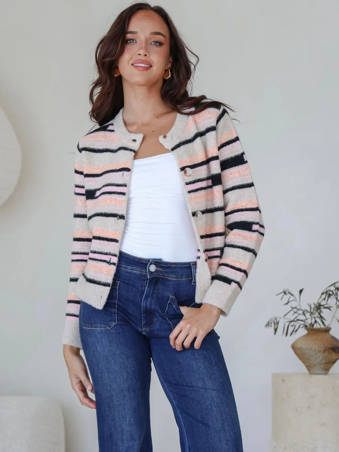 Multi Stripe Cardigan : Black/ Cream/Pink