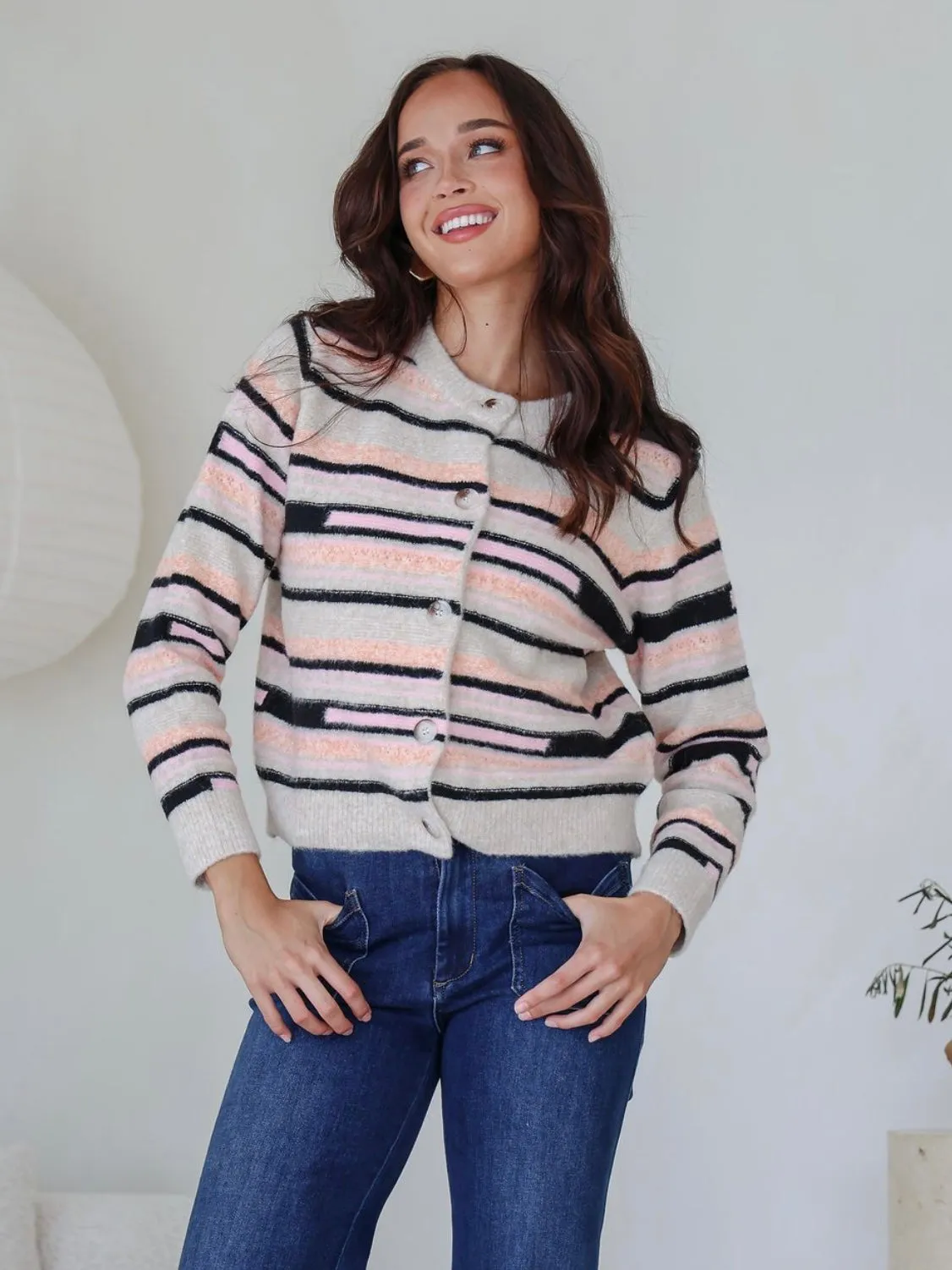 Multi Stripe Cardigan : Black/ Cream/Pink