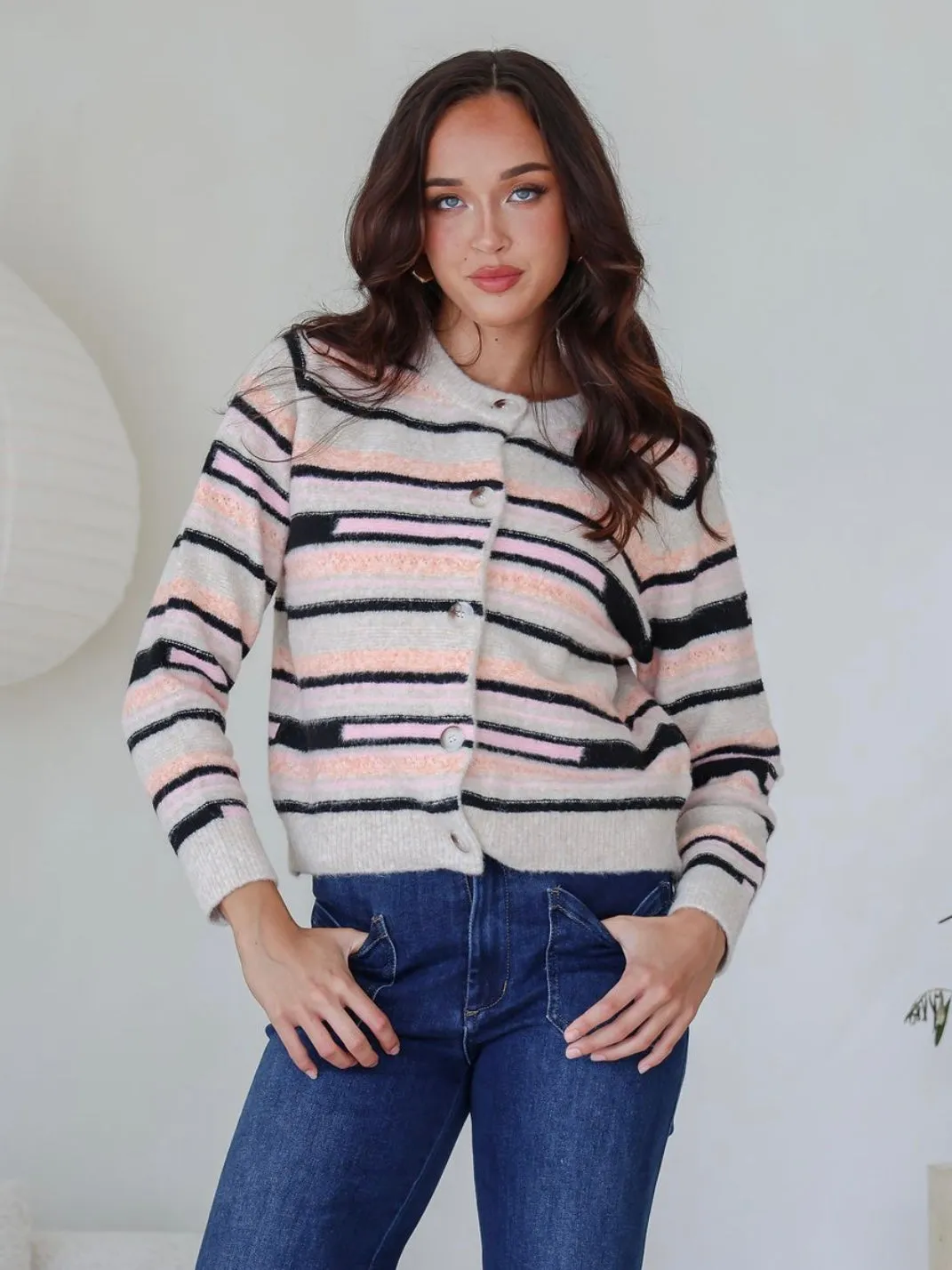 Multi Stripe Cardigan : Black/ Cream/Pink