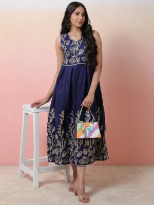 Navy Blue Embroidered Flared Shift Dress